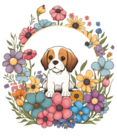 puppy with flowers, dog head with flowers, isolated, png