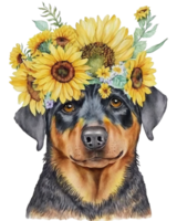 watercolor illustration of Rottweiler dog with sunflower on head, png