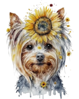 waterverf illustratie van een yorkshire terriër hond met zonnebloem Aan hoofd, ai generatief png