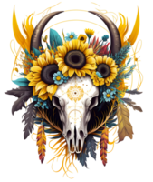 Bull skull with flowers, boho and gothic style, isolated png