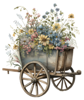 årgång transport med blommor, skottkärra med blommor, isolerat, ai generativ png