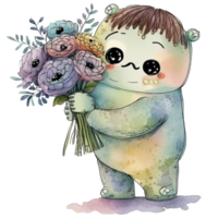 Cute monster holding flower watercolor, png