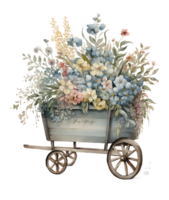 vintage transporte com flores, carrinho de mão com flores, isolado, ai generativo png