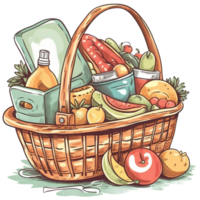 watercolor picnic basket with summer fruits, png
