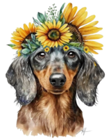 Dachshund dog breed with sunflower watercolor illustration, png