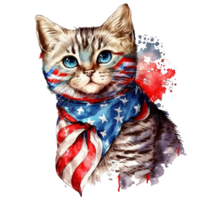 Watercolor Cat with USA flag, 4th of July element, png