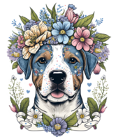 puppy with flowers, dog head with flowers, isolated, png