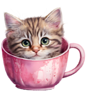 mignonne chat dans une tasse montrant seulement le visage avec adorable regarder, aquarelle, ai génératif png