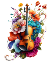 Violin covered with colorful flowers. watercolor graphics, png