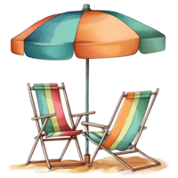 rétro aquarelle plage parapluie avec chaise, ai génératif png