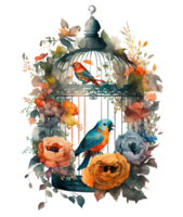 Vogel im Käfig mit Blumen um isoliert, ai generativ png