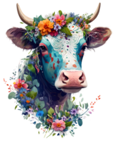Kuh Kopf mit Blumen isoliert, ai generativ png