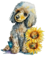 Cute adorable watercolor poodle dog with sunflower illustration, png