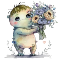 Cute monster holding flower watercolor, png