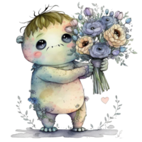 süß Monster- halten Blume Aquarell, ai generativ png