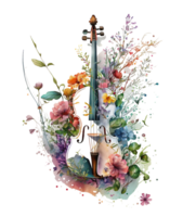 Violin covered with colorful flowers. watercolor graphics, png