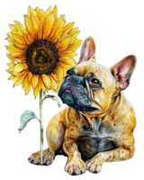 franska bulldogg med solros vattenfärg illustration, ai generativ png