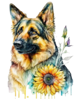 German shepherd dog with sunflower watercolor illustration, png