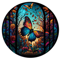Stained glass butterfly round, AI Generative png