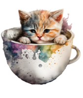 süß Katze im ein Tasse zeigen nur das Gesicht mit bezaubernd sehen, Aquarell, ai generativ png