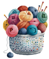 basket of yarn and needles, watercolor, isolated, png