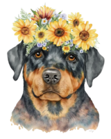 watercolor illustration of Rottweiler dog with sunflower on head, png