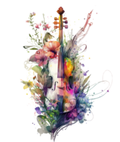 Violin covered with colorful flowers. watercolor graphics, png