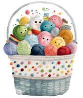 basket of yarn and needles, watercolor, isolated, png