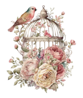 bird in cage with flowers around isolated, png