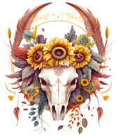 toro cráneo con flores, boho y gótico estilo, aislado ai generativo png