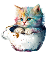 süß Katze im ein Tasse zeigen nur das Gesicht mit bezaubernd sehen, Aquarell, ai generativ png