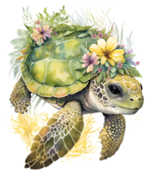 mar tartaruga com flor aquarela, ai generativo png