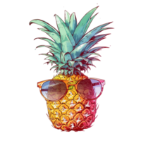 Retro pineapple with sunglass, summer season, watercolor, png