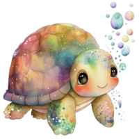 coloré et espiègle bébé tortue illustration dans aquarelle style avec l'eau laissez tomber éclaboussure, ai génératif png