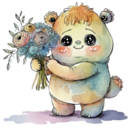 süß Monster- halten Blume Aquarell, ai generativ png