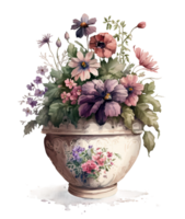 Watercolor flowers and plants in a vase, png
