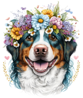 puppy with flowers, dog head with flowers, isolated, png