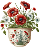 Colorful flowers bouquet in a vase, png