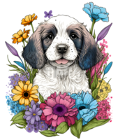 puppy with flowers, dog head with flowers, isolated, png