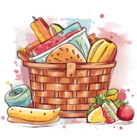 watercolor picnic basket with summer fruits, png