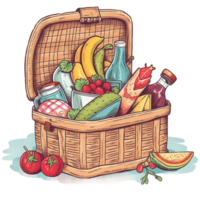 watercolor picnic basket with summer fruits, png