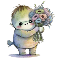 Cute monster holding flower watercolor, png