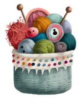 basket of yarn and needles, watercolor, isolated, png