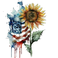 watercolor sunflower with american flag, 4th of july, png