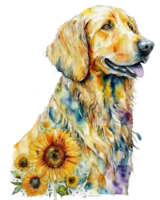 Golden retriever dog with sunflower watercolor illustration, png
