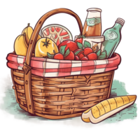 watercolor picnic basket with summer fruits, png