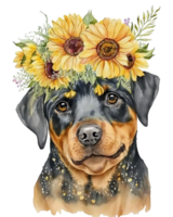 watercolor illustration of Rottweiler dog with sunflower on head, png