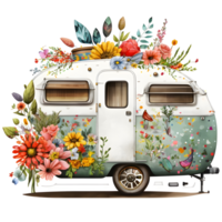 Flower market on camp van, watercolor clipart, png