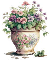 Watercolor flowers and plants in a vase, png