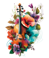 Violin covered with colorful flowers. watercolor graphics, png